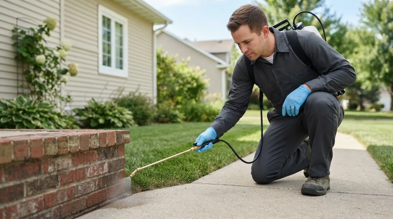 Pest control technician treating a home near Arvada, CO